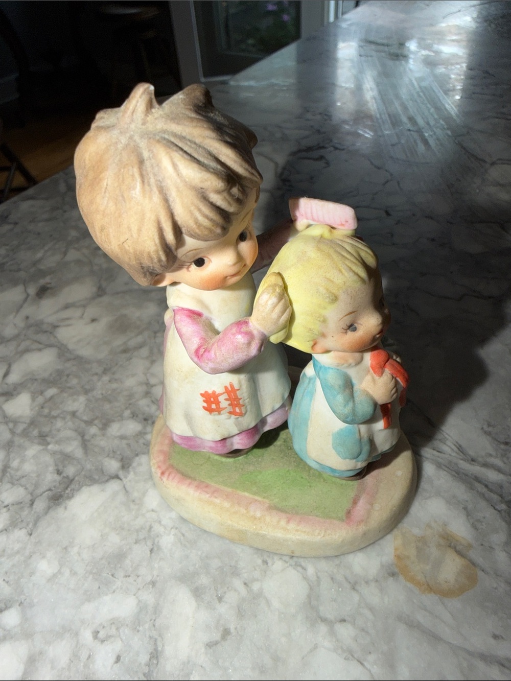 Vintage Lefton Ceramic Figurine of Sister Combing Lil sister #241 stamp